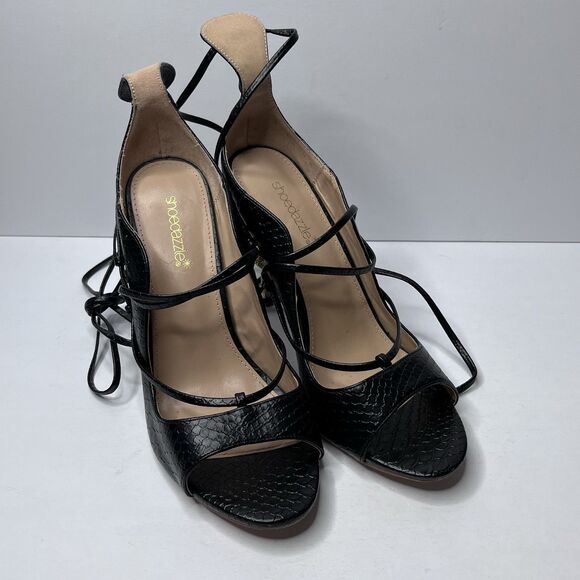 Shoedazzle BEANEE Black Faux Snake Skin Gold Snake Heels Women’s Size 12 FLAW - Picture 2 of 14